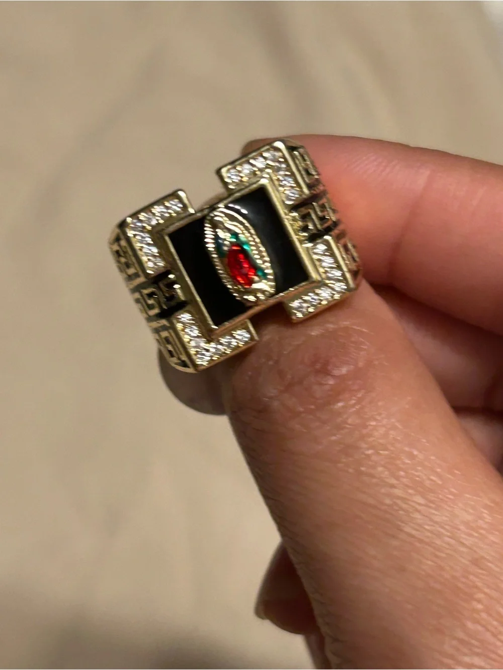 Gold-Tone Black Enamel Men’s Signet Ring with Red & Green Accent